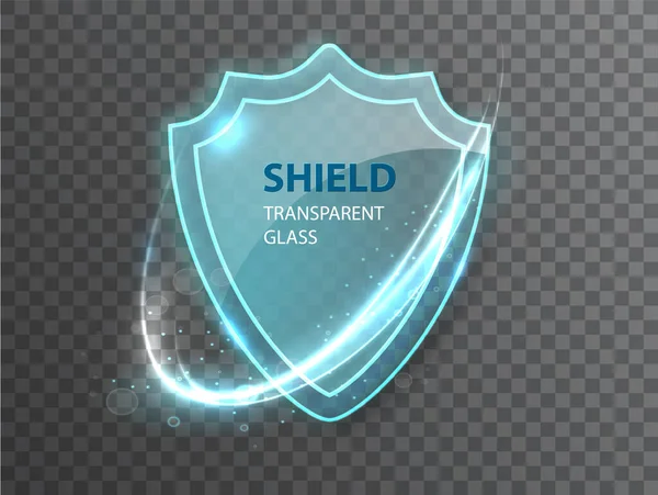 Escudo transparente de vidro. Escudo de vidro protetor com reflexão e brilho sobre fundo transparente. Realista 3d . — Vetor de Stock