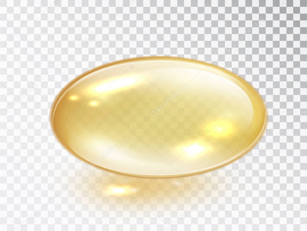 Oil bubble isolated on transparent background. Transparent yellow capsule of drug, vitamin or fish oil macro vector illustration. Cosmetic pill capsule of vitamin E, A or argan oil