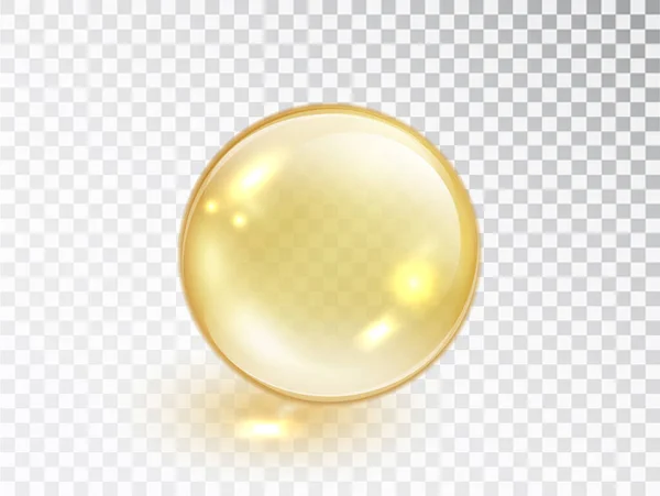 Золотой пузырь масла изолирован на прозрачном фоне. Векторная реалистичная желтая капля сыворотки препарата или эссенции коллагена. Витаминные полупрозрачные таблетки . — стоковый вектор