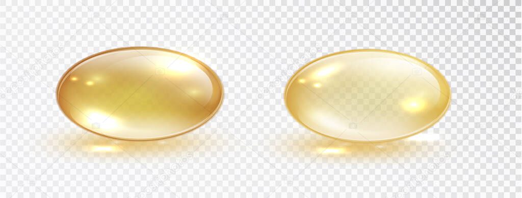 Oil bubble isolated on transparent background. Transparent yellow capsule of drug, vitamin or fish oil macro vector illustration. Cosmetic pill capsule of vitamin E, A or argan oil