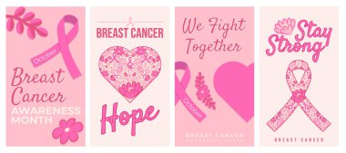 Göğüs kanseri farkındalığı ayı için dört poster seti. Pembe kurdele, çiçek kalbi, motivasyon alıntıları Hope, Birlikte Savaşalım, Güçlü Kalalım Sosyal medya paylaşımları, afişler, sağlık kampanyaları ve kadın sağlığı desteği için mükemmel