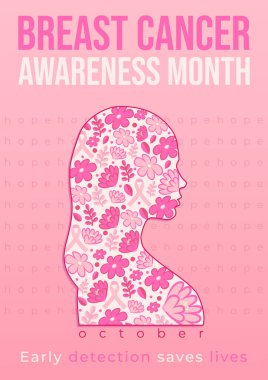 Ekim ayında göğüs kanseri farkındalığı ayı için vektör poster tasarımı. Çiçek desenleri ve kurdelelerle süslenmiş pembe kadın silueti umut ve desteği simgeliyor. Motivasyon metnini de içeriyor. Erken teşhis hayat kurtarıyor. Sağlık kampanyaları için mükemmel.