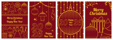 Dikey Noel ve Yeni Yıl 2026. Kırmızı ve altın çizgili sanat eserleri. Dört adet eşgüdümlü dikdörtgen dizayn, süs eşyası, melek hediye paketi, baston şeker, Noel ağacı ve 2026 'lı büyük bir süs. Kartpostal posterleri için temiz taslak biçimi