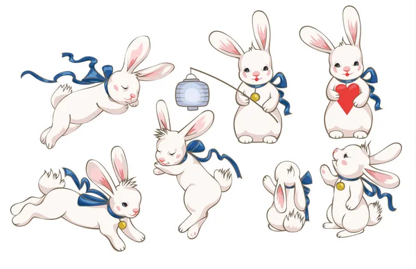 Коллекция Белых Милых Кроликов Разных Позах Спящих Бегущих Указывающих Держащих — стоковое фото