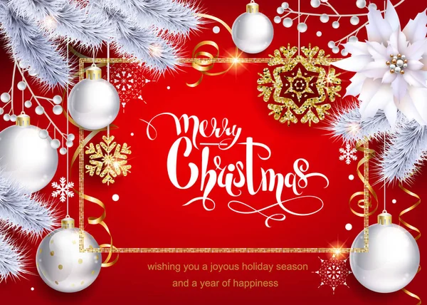  3d etkisi ile beyaz çam ağacı, yazı ve Noel topları ile tatil Noel arka plan