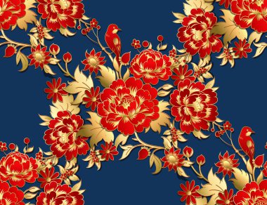 Altın yaprağı ile kırmızı çiçekler ile Seamless modeli