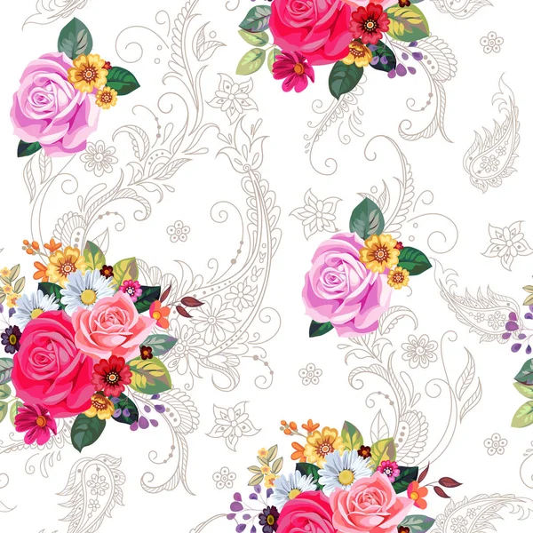 Modèle Sans Couture Avec Paisley Roses Dans Style Victorien — Image vectorielle