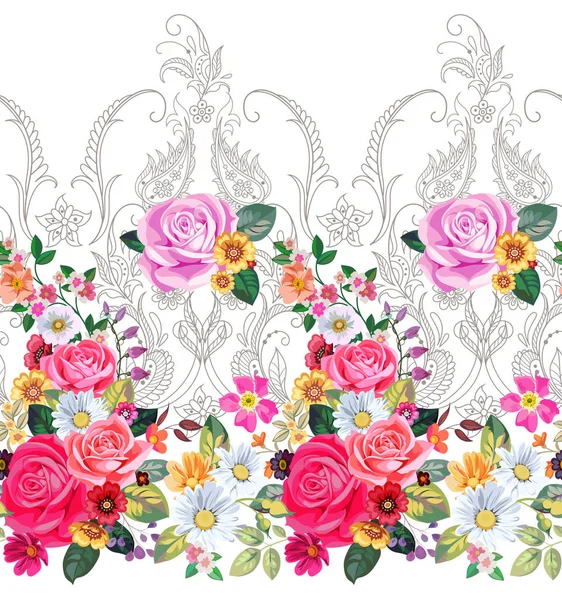 Nahtloser Rand Mit Paisley Und Rosen Viktorianischen Stil — Stockvektor