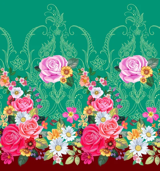 与佩斯利和玫瑰在维多利亚风格无缝边界 — 图库矢量图片