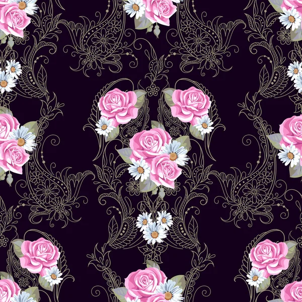 Patrón Sin Costuras Con Paisley Rosas Estilo Victoriano — Vector de stock