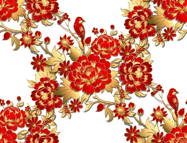 Altın Yaprağı Ile Kırmızı Çiçekler Ile Seamless Modeli — Stok Vektör