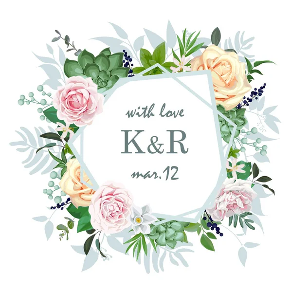 Πρωτότυπο Προσκλητήριο Γάμου Τριαντάφυλλα Και Χυμώδεις — Διανυσματικό Αρχείο