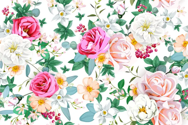 Весенний Бесшовный Узор Красивыми Розами — стоковый вектор