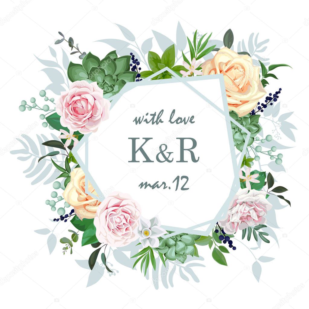 Original wedding invitation with roses and succulent