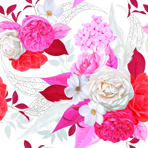 Boho Nahtloses Muster Mit Rosa Blüten — Stockvektor