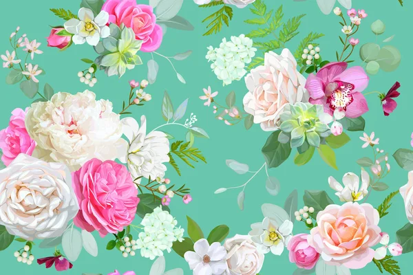 Magnifique Motif Printanier Sans Couture Avec Roses Pivoine Orchidée Succulentes — Image vectorielle