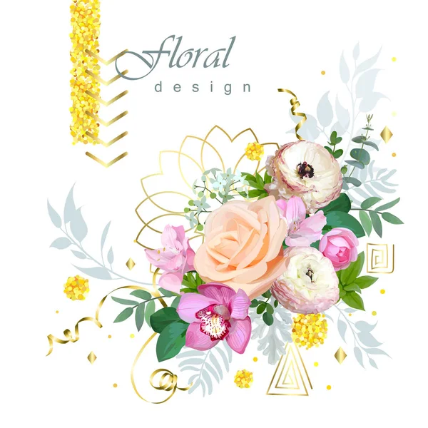 Floral Karangan Bunga Dengan Elemen Emas - Stok Vektor