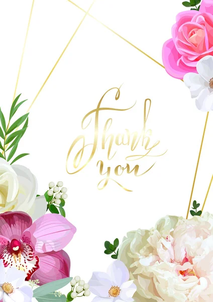Bloemen Bruiloft Uitnodiging Met Gouden Lijnen — Stockvector
