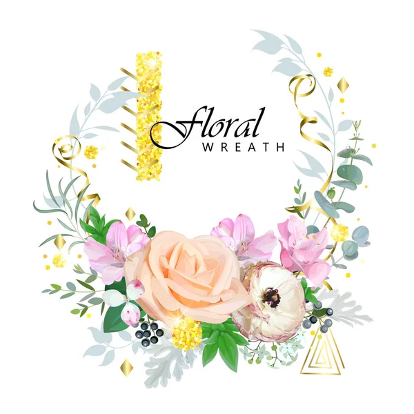 Floral Στεφάνι Χρυσά Στοιχεία — Διανυσματικό Αρχείο