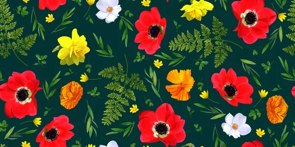 Motif Floral Sans Couture Avec Anémones Rouges — Image vectorielle
