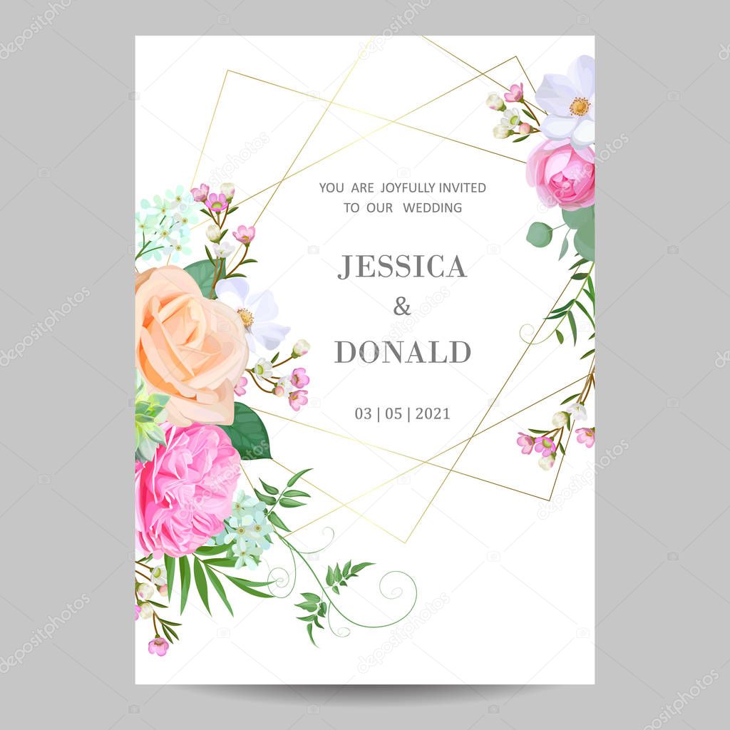 Floral wedding invitation with golden lines