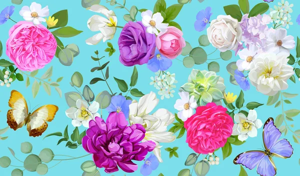 Patrón Sin Costuras Primavera Con Flores Suculentas Mariposas — Archivo Imágenes Vectoriales