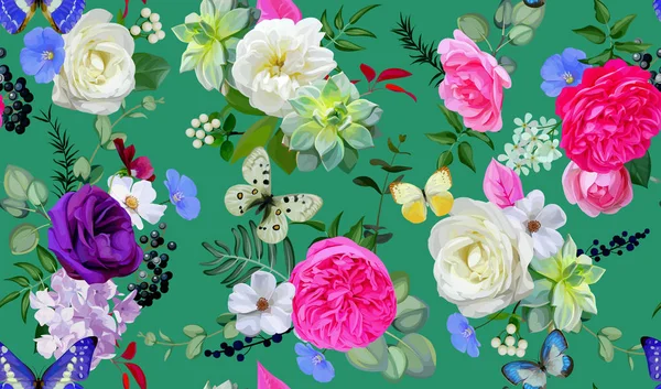 Patrón Sin Costuras Primavera Con Flores Suculentas Mariposas — Archivo Imágenes Vectoriales