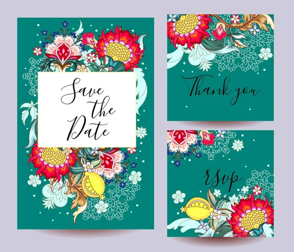 Collection Cartes Mariage Avec Des Fleurs Fantastiques — Image vectorielle