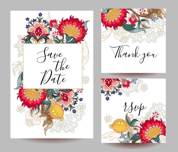 Coleção Cartões Casamento Com Flores Fantasia —  Vetores de Stock