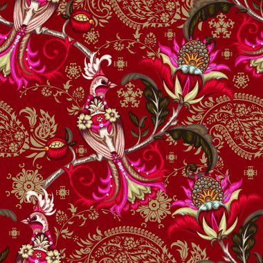 Nakış cennet kuşu ve paisley ile Seamless modeli