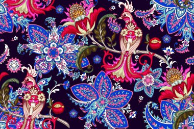 Nakış cennet kuşu ve paisley ile Seamless modeli