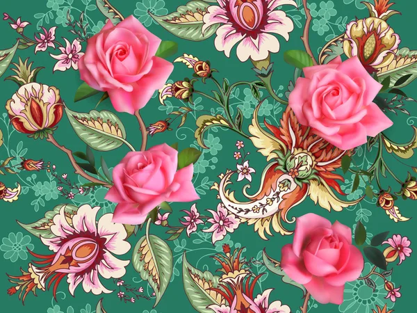 Fantasía Patrón Floral Sin Costura Con Rosas — Vector de stock