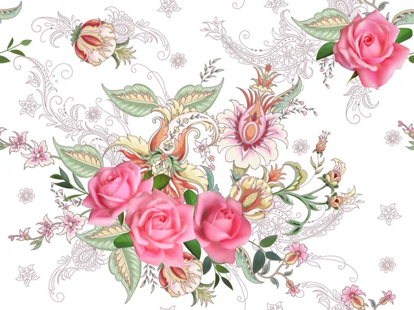 Fantaisie Motif Floral Sans Couture Avec Des Roses — Image vectorielle