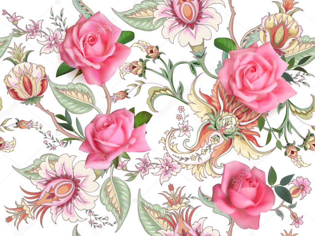 Fantasy floral seamless pattern with roses