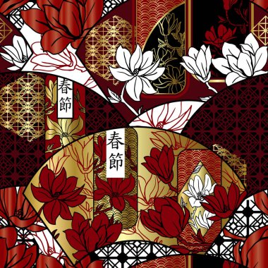 Seamless pattern with asian fans and magnolias. Decorative clipart