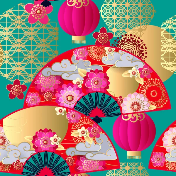 Modèle Sans Couture Avec Des Ventilateurs Chinois Printemps — Image vectorielle