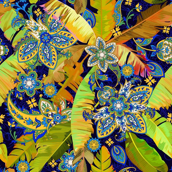 バナナの葉とグリーンのペイズリー柄の美しい熱帯のシームレス パターン — ストックベクタ