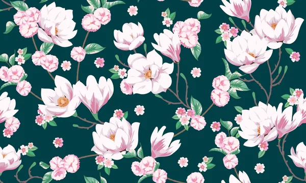 Motivo primaverile senza cuciture con magnolie. Progettazione di tessuto per abito estivo elegante — Vettoriale Stock