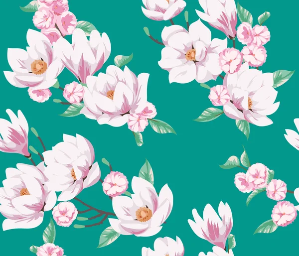 Patrón de resorte sin costuras con magnolias. Diseño de tela para elegante vestido de verano — Archivo Imágenes Vectoriales
