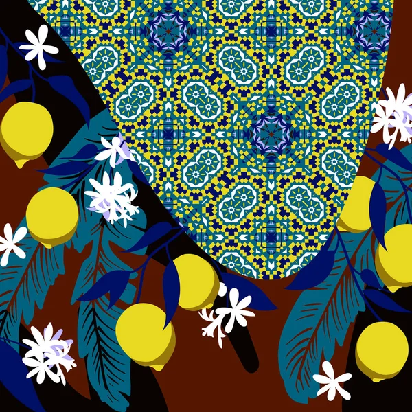 Bufanda de seda con motivos geométricos y limones — Archivo Imágenes Vectoriales