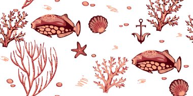 Mercanlar, denizyıldızları ve tropikal balıklar ile deniz dikişsiz desen 1/Deniz mercanlar, denizyıldızları ve tropikal balıklar ile deniz dikişsiz desen