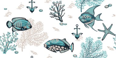 Mercanlar, denizyıldızları ve tropikal balıklar ile deniz dikişsiz desen 1/Deniz mercanlar, denizyıldızları ve tropikal balıklar ile deniz dikişsiz desen