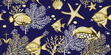 Mercanlar, denizyıldızları ve tropikal balıklar ile deniz dikişsiz desen 1/Deniz mercanlar, denizyıldızları ve tropikal balıklar ile deniz dikişsiz desen