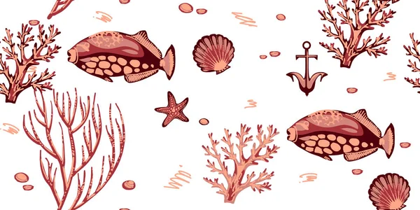 Mercanlar, denizyıldızları ve tropikal balıklar ile deniz dikişsiz desen 1/Deniz mercanlar, denizyıldızları ve tropikal balıklar ile deniz dikişsiz desen