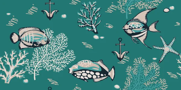 Mercanlar, denizyıldızları ve tropikal balıklar ile deniz dikişsiz desen 1/Deniz mercanlar, denizyıldızları ve tropikal balıklar ile deniz dikişsiz desen