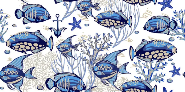 Морской Бесшовный Рисунок Кораллами Морскими Звездами Тропическими Рыбами Sea Seamless — стоковый вектор