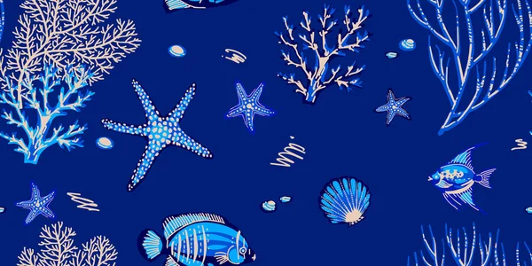 Mercanlar, denizyıldızları ve tropikal balıklar ile deniz dikişsiz desen 1/Deniz mercanlar, denizyıldızları ve tropikal balıklar ile deniz dikişsiz desen