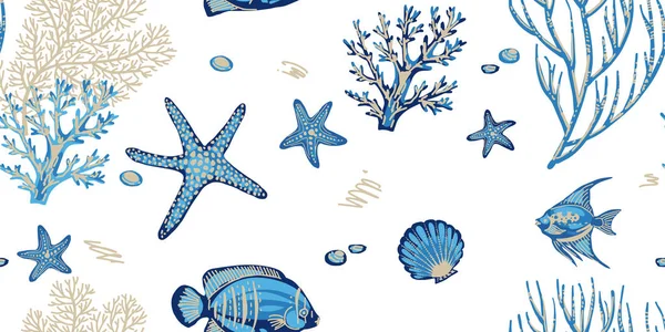 Mercanlar, denizyıldızları ve tropikal balıklar ile deniz dikişsiz desen 1/Deniz mercanlar, denizyıldızları ve tropikal balıklar ile deniz dikişsiz desen