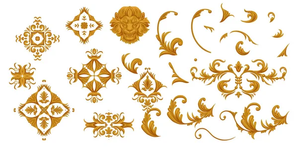 Set Golden Scrolls Arabesques Head Lion — Stock Vector