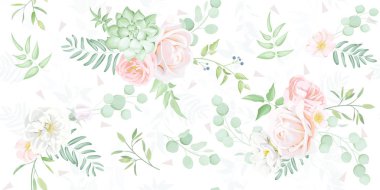 Zarif yeşillikler ve güzel güller, suluboya etkisi ile Dikişsiz desen